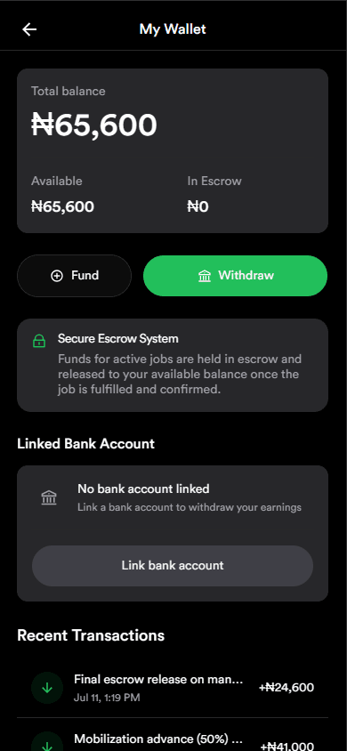 Cleankadar agency wallet screen showing the secure escrow system