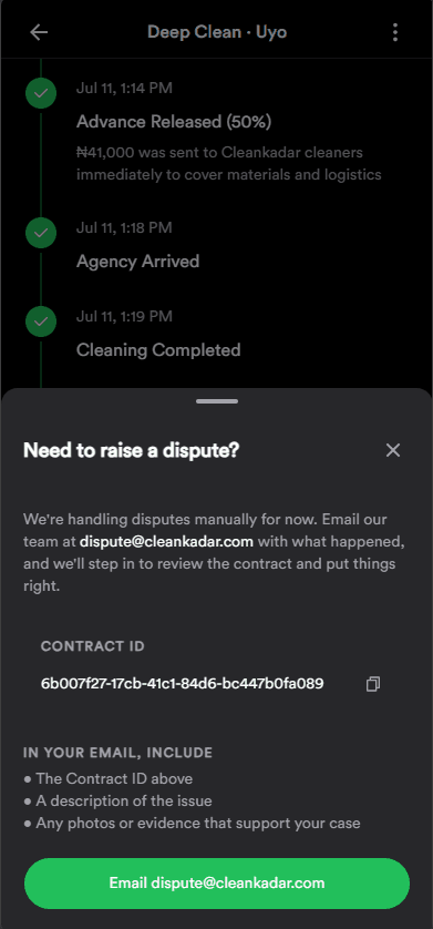 Cleankadar dispute modal on a manager's contract screen
