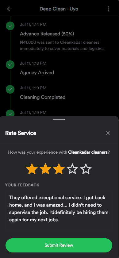 Cleankadar rate service screen