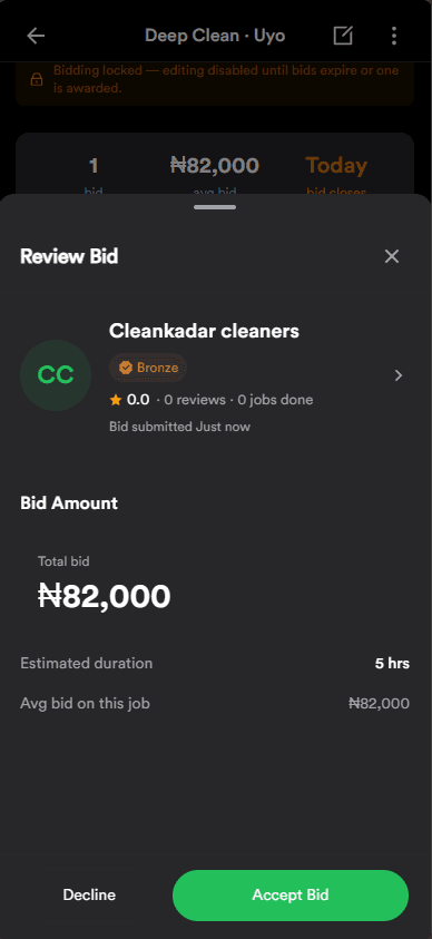Cleankadar review bid screen with accept/decline actions
